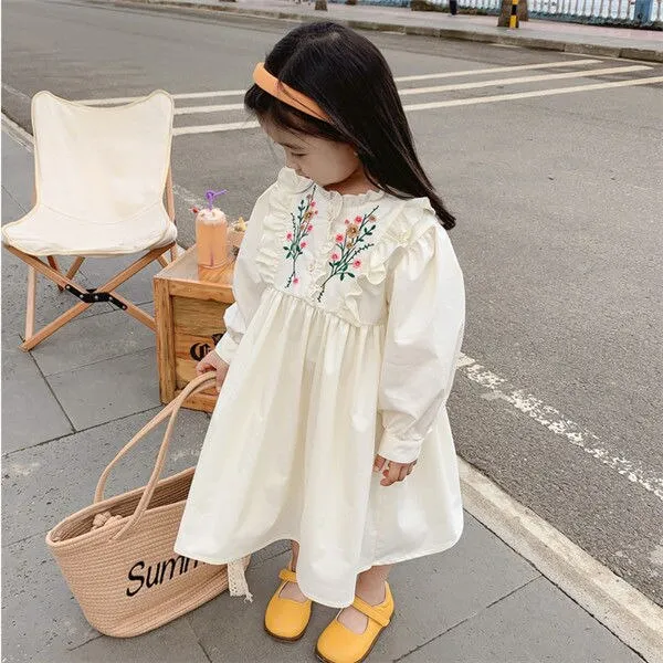 Dress A-line Knee Length O-neck Collar Pullover Print Embroidery Floral Sweet Lovely Cute Fashion Comfortable Casual Autumn Girl